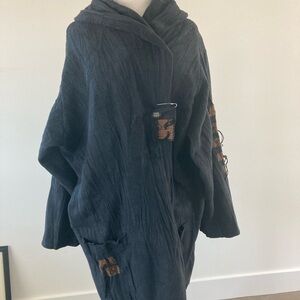 Ray Harris London Black Crinkle Fleece Duster Jacket w/Pockets & Pin, One Size